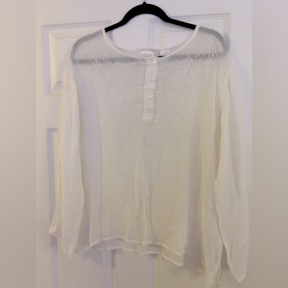 Moda International - XL - White Embroidered Sheer Blouse Top/Shirt